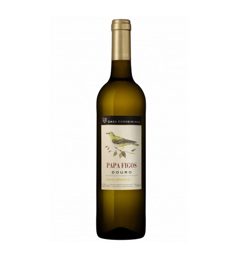 Taça de vinho branco Casa Ferreirinha Papa Figos Branco servido em taça de vidro transparente.