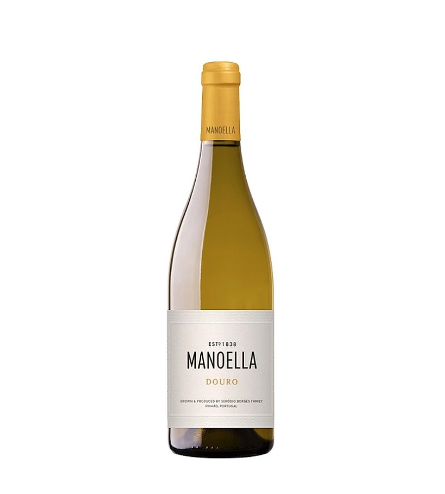 Taça de vinho branco Manoella Branco da Wine & Soul, com detalhes do vinho na taça.