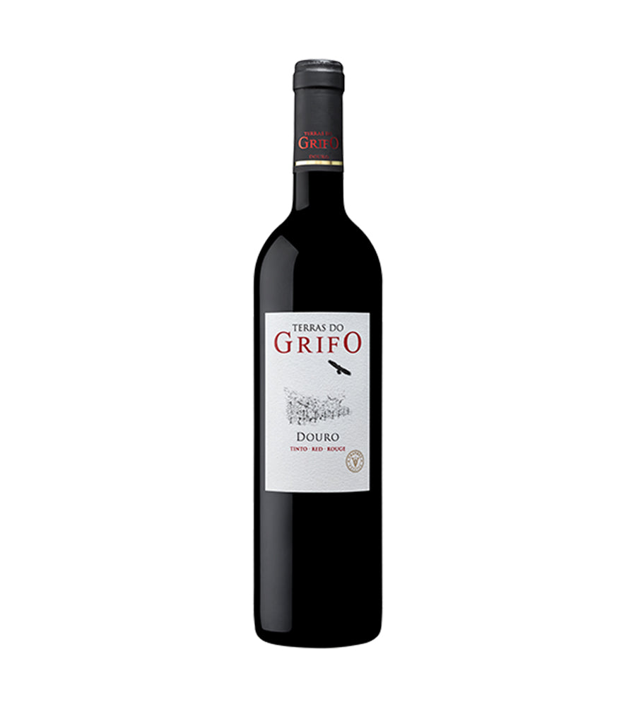 Vinho Tinto Terras do Grifo, garrafa de vidro com rótulo, em ambiente de mesa, destaque para a marca Rozès, SA.