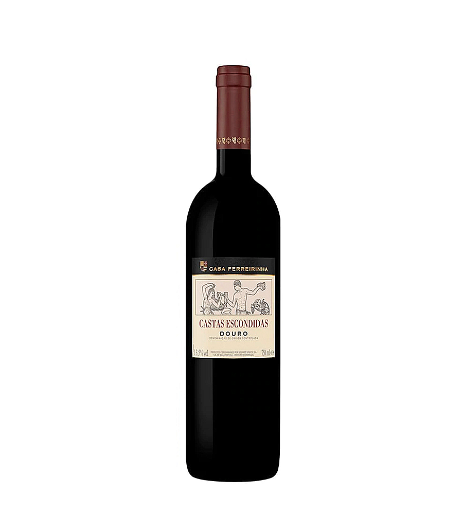 Vinho Ferreirinha Castas Escondidas da Sogrape Vinhos, garrafa com rótulo elegante e detalhes do vinho na embalagem.