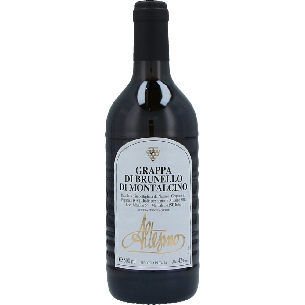 Copo de destilado Brunello Altesino Grappa, destilados de alta qualidade, com rótulo e embalagem elegante.