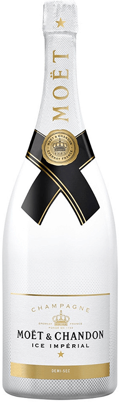 Taça de champagne Moët & Chandon Ice Imperial com garrafa de espumante meio seco, destacando a embalagem e o líquido dourado.