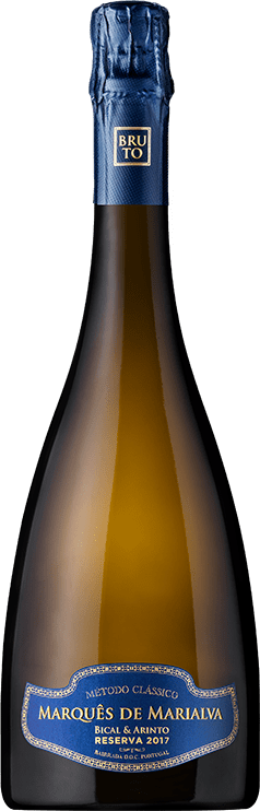 Espumante Marques de Marialva Bical e Arinto, reserva brut, garrafa com rótulo elegante e detalhes da bebida brilhante.