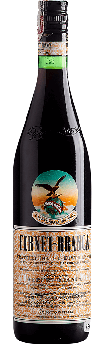 Licor Fernet Branca, bebida alcoólica de sabor intenso, em garrafa de vidro com rótulo branco e detalhes dourados, da marca Fratelli Branca.