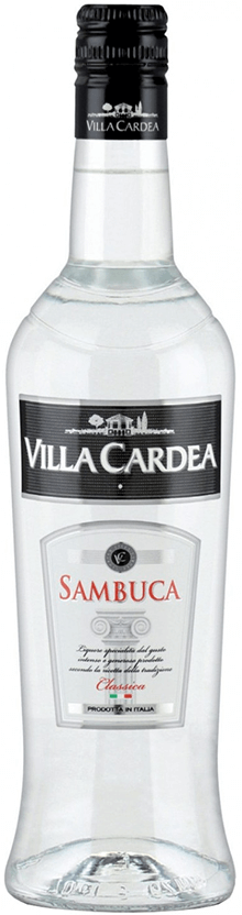 Licor Sambuca Villa Cardea em garrafa transparente, com rótulo azul e detalhes dourados, destaque na imagem.