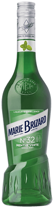 Licor Marie Brizard Menta, bebida de licor de hortelã verde, com garrafa e rótulo visíveis.