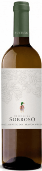 Taça de vinho branco Herdade do Sobroso, garrafa de Herdade do Sobroso Branco, vinho branco com rótulo detalhado.