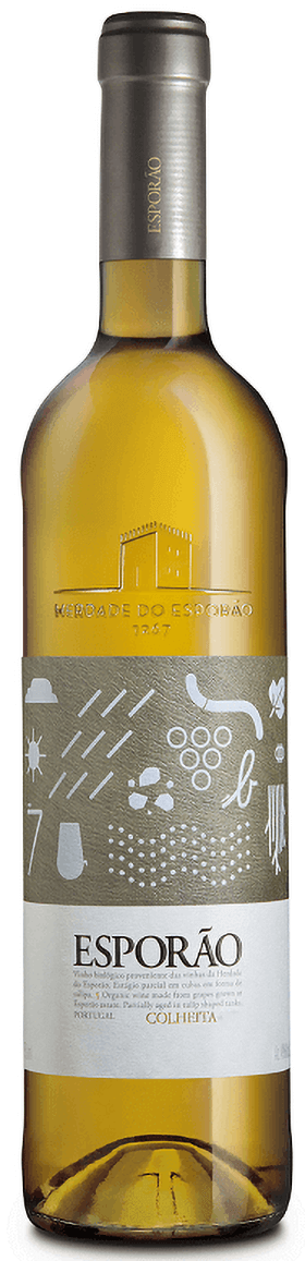 Taça de vinho branco Esporão Colheita Branco Herdade do Esporão, garrafa de vinho branco com rótulo clássico.