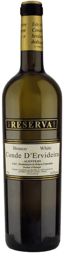 Taça de vinho branco Conde D'Ervideira Reserva Branco, vinho branco da marca Ervideira, visualização do garrafão e rótulo.