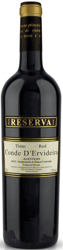 Taça de vinho tinto Conde D'Ervideira Reserva Tinto, garrafa de vinho tinto da marca Ervideira, com rótulo e rolha visíveis