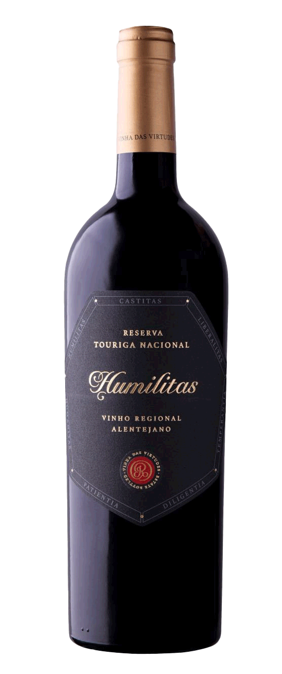 Taça de vinho tinto Humilitas Reserva Touriga Nacional Vinha das Virtudes, garrafa de vinho tinto 2019.