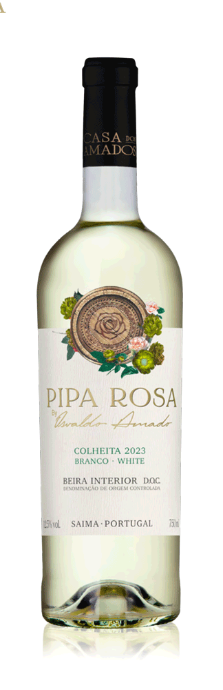 Pipa de vinho branco rosa Colheita 2023 da Casa dos Amados, recipiente de vidro com vinho rosé claro.