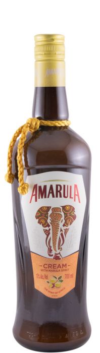Licor Amarula Cream, bebida alcoólica com creme de marula, apresentado na garrafa com rótulo dourado e tampo de metal.