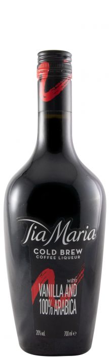 Licor Tia Maria da Illva Saronno, garrafa de licor de café com rótulo preto e dourado, destaque na imagem.