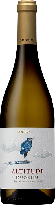 Vinho branco Duorum Altitude 2022, garrafa elegante com rótulo, destaque para o vinho de coloração amarelo claro.