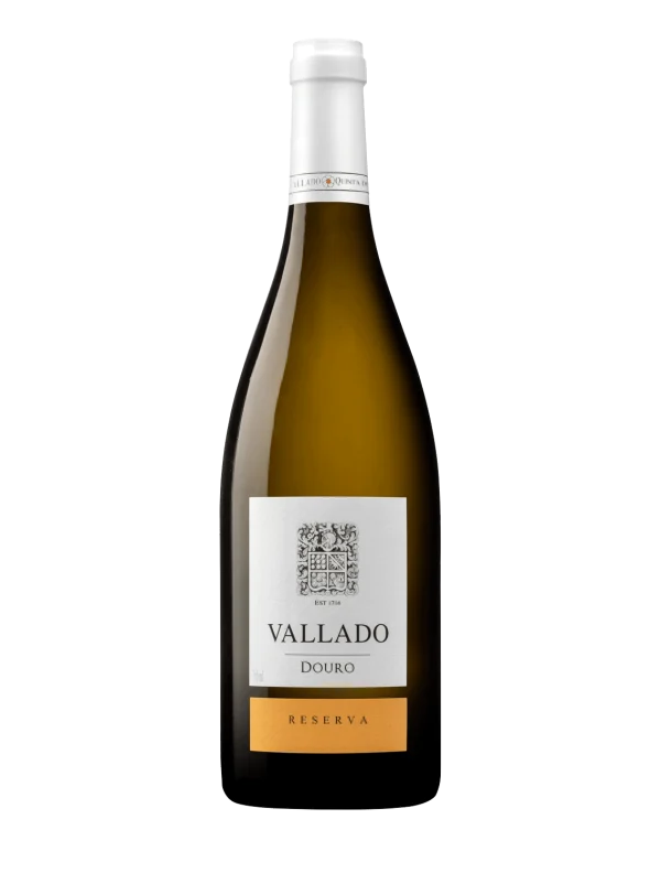 Vinho branco Vallado Reserva Branco 2023 da Quinta do Vallado, garrafa de vinho de qualidade com rótulo detalhado.
