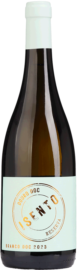 Taça de vinho branco Isento Reserva Branco 2023, vinho branco da marca SA VINUM Lda, com garrafa e taça.