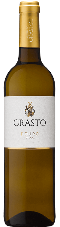 Taça de vinho branco Quinta do Crasto, garrafa de Quinta do Crasto Branco 2024, vinho branco com rótulo elegante.