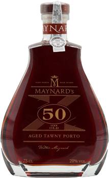 Vinho do Porto Maynard's 50 Anos, garrafa elegante com rótulo dourado e detalhes, ótimo para celebrações especiais.