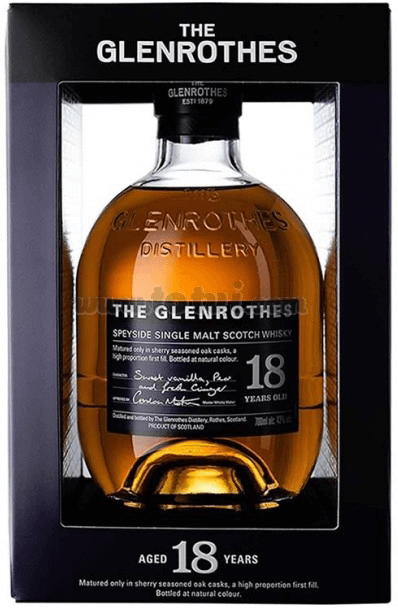 Whisky Glenrothes 18 anos em garrafa, destilado de malte, com rótulo dourado e embalagem elegante.