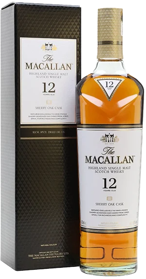 Taça de whisky Macallan 12 anos Sherry Oak, destilado de malte envelhecido em barris de carvalho xerez.