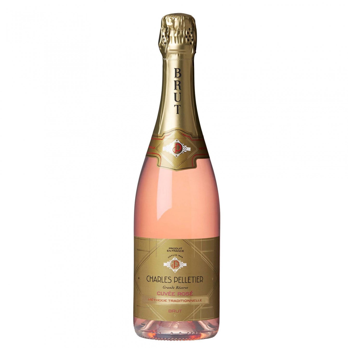 Espumante Charles Pelletier Bruto Rosé na taça, com borbulhas e colarinho rosado, em ambiente elegante.