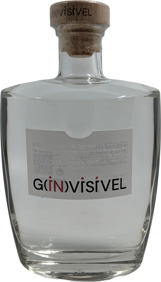 Garrafa de gin invisível da marca Ervideira, destilado transparente em embalagem de caixa de cartão.
