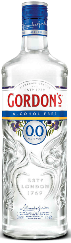 Garrafa de Gin Gordon's Sem Álcool, destilado da marca Alexander Gordon & Co., com rótulo branco e detalhes dourados.