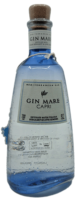 Garrafa de Gin Mare Capri, destilado da MG Destilerías, com rótulo azul claro e detalhes de limão na embalagem.