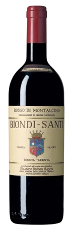 Taça de vinho tinto Biondi-Santi Rosso, vinho do mundo com rótulo clássico, em garrafa elegante.
