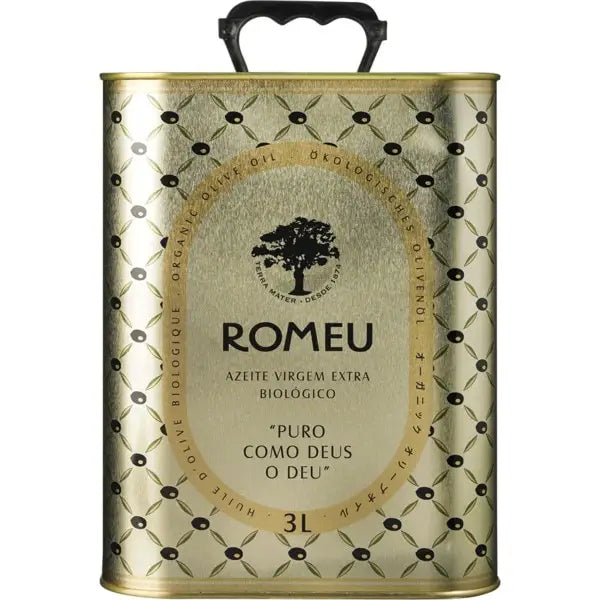 Azeite bio Quinta do Romeu Virgem Extra DOP em lata de 3 litros, garrafa de azeite de oliva ecológico e de alta qualidade.