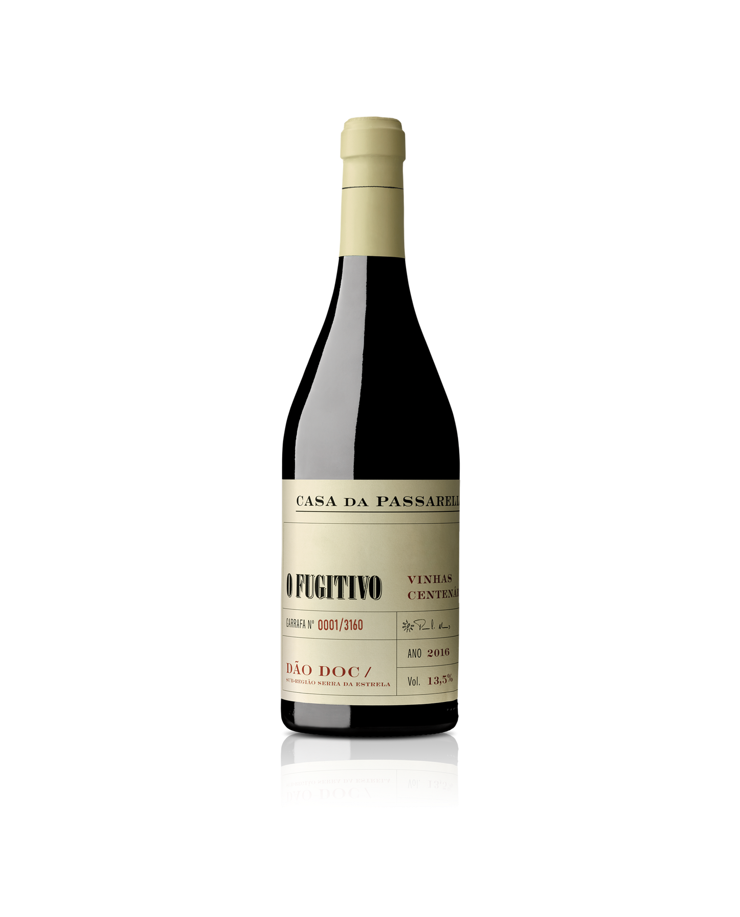 Vinho Casa Passarela Fugitivo Vinhas Centenárias, garrafa de vinho tinto com rótulo elegante, destaque para a marca e origem das vinhas antigas.