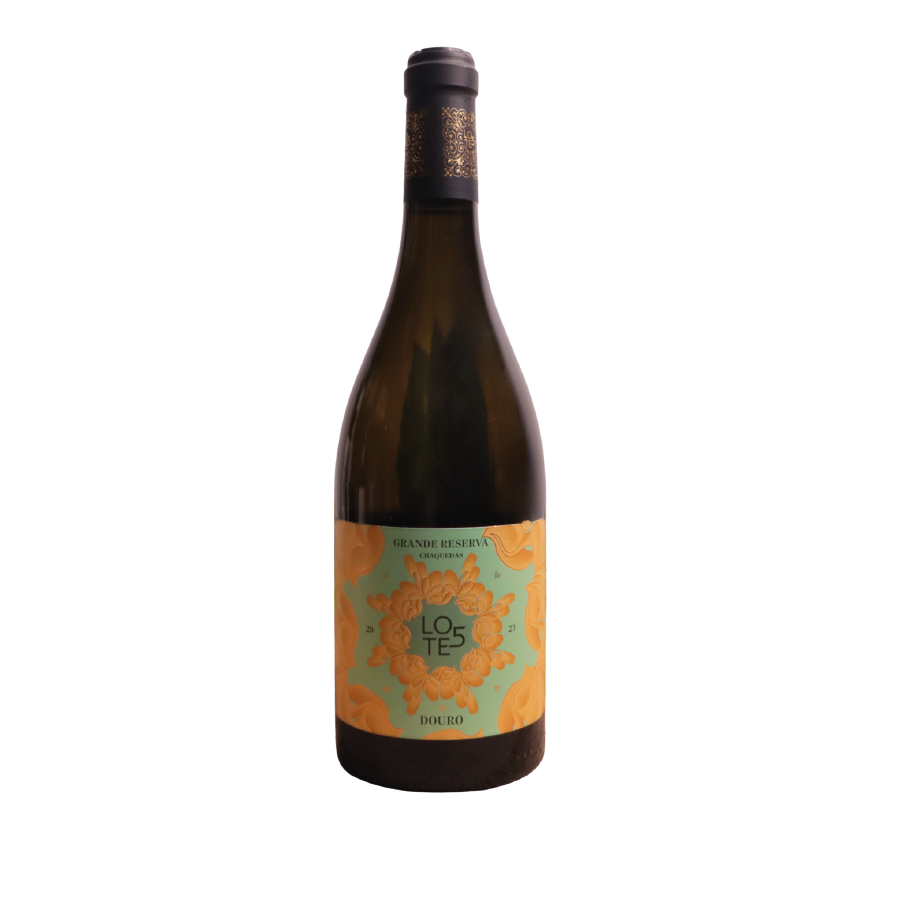 Lote 5 Grande Reserva Branco da Quinta das Chaquedas, garrafas de vinho branco com rótulo elegante e detalhes na embalagem