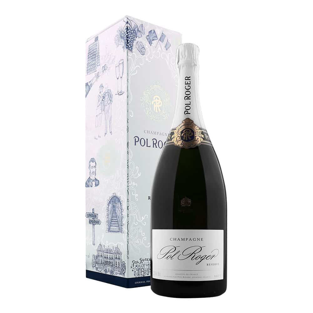 Taça de champanhe com garrafa Magnum de Pol Roger Reserve Brut, grandes formatos de espumante elegante.