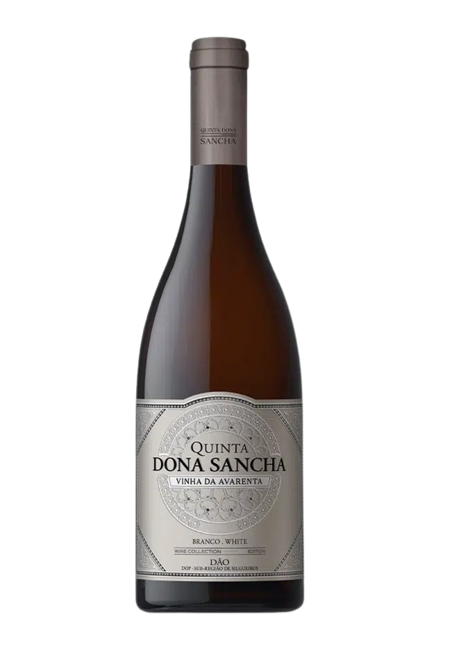 Vinho branco Dona Sancha Vinha Avarenta, garrafa de vinho branco de destaque, com rótulo elegante e detalhes da Quinta Dona Sancha.