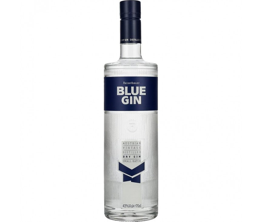 Garrafeira Gin Blue, destilado premium com garrafa azul, destaque na imagem com rótulo elegante e cor vibrante.