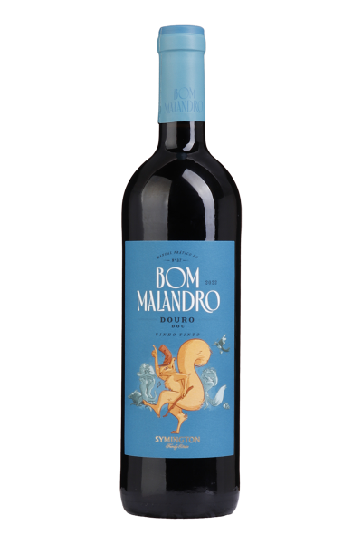 Vinho Bom Malandro Tinto 2022 da Symigton, garrafa com rótulo elegante, destaque na frente do vinho tinto.