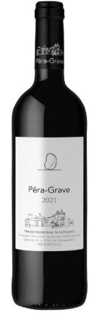 Vinho Pêra-Grave Tinto, garrafa de vinho tinto da Pêra-Grave Sociedade Agrícola, com rótulo azul e detalhes dourados.