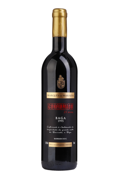 Vinho tinto Marques de Marialva Confirmado 1995, garrafa com rótulo, destaque na imagem, produzido pela marca Marialva.