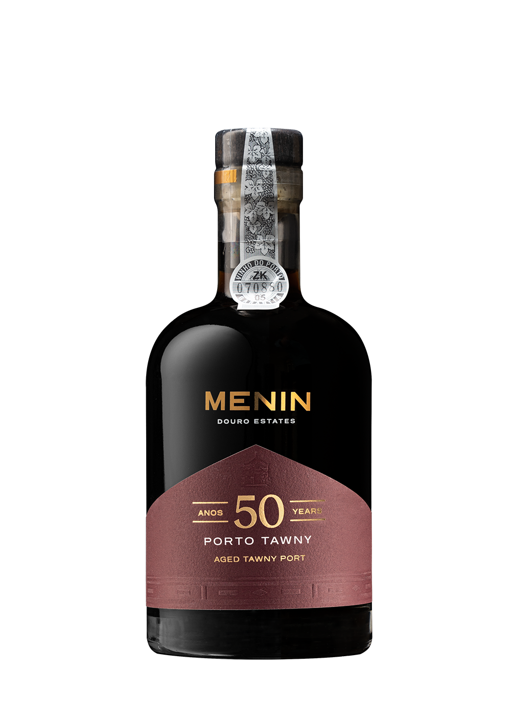 Vinho do Porto Menin 50 Anos da Menin Wine Company, garrafa de vinho tinto envelhecido com rótulo dourado e detalhes elegantes