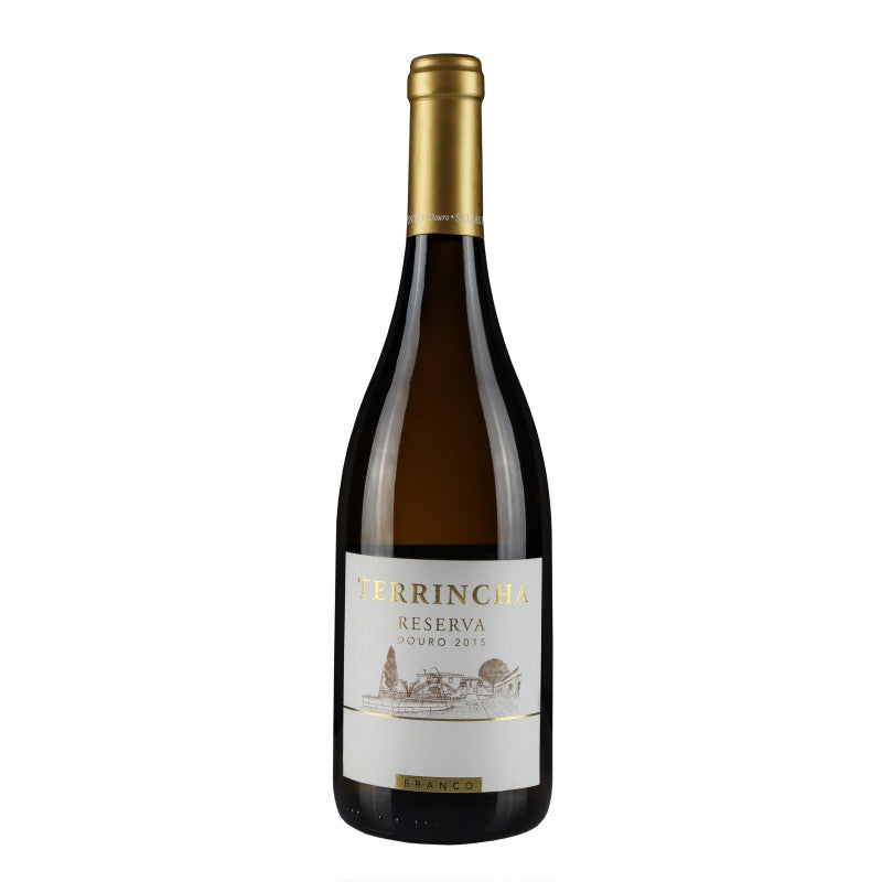 Vinho branco Quinta da Terrincha Reserva 2018, garrafa elegante com rótulo, destaque na imagem.