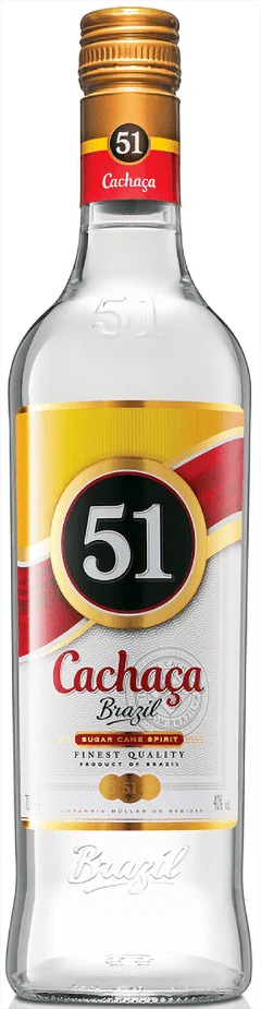 Cachaça 51 Miraramos em garrafa de 1 litro, destilado brasileiro tradicional com rótulo azul e amarelo, líquido transparente e envelhecido