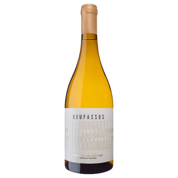 Vinho branco Kompassus Priv.Collection, garrafa elegante com rótulo branco, destaque para a coleção Priv da marca Kompassus