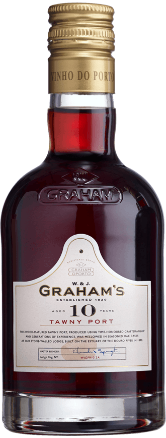 Taça de vinho do Porto Graham’s Tawny 10 Anos, garrafa de 0,20 L, com rótulo e conteúdo de vinho envelhecido.