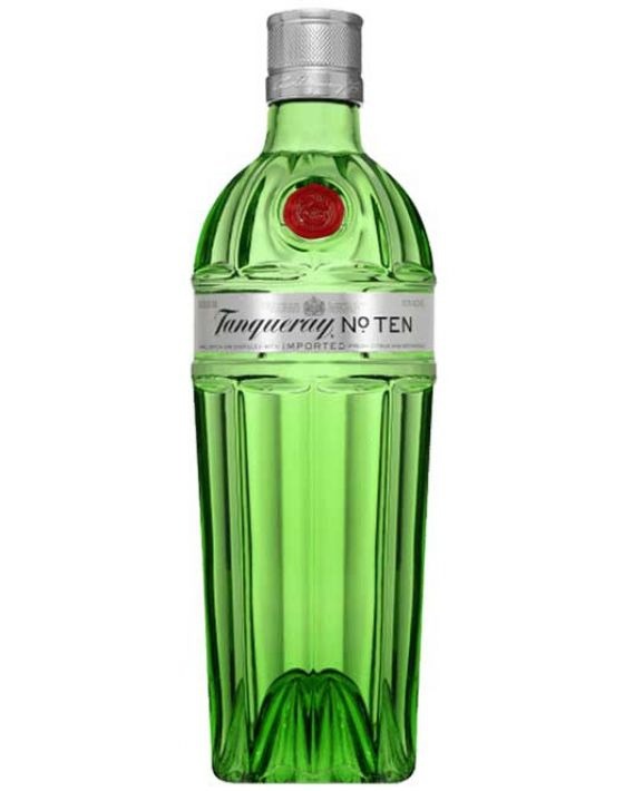 Garrafa de destilado Tanquerey Nº 10 com rótulo clássico, destaque para a marca e o líquido dourado na garrafa.