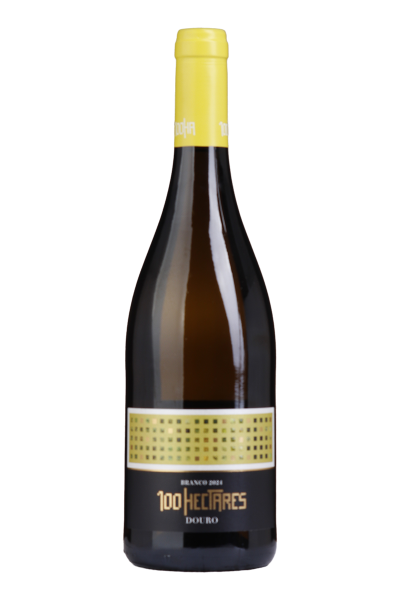 Vinho branco 100 Hectares, garrafa com rótulo branco e detalhes dourados, frente da embalagem.