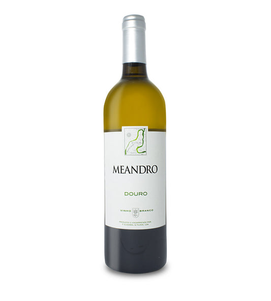 Vinho branco Meandro Branco da marca F. Olazabal & Filhos, garrafa de 750ml, com rótulo branco e detalhes dourados.