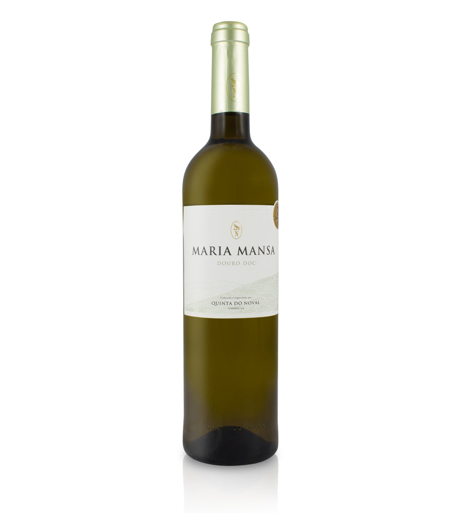 Taça de vinho branco Maria Mansa da Quinta do Noval, com vinho branco brilhante no interior e fundo neutro.
