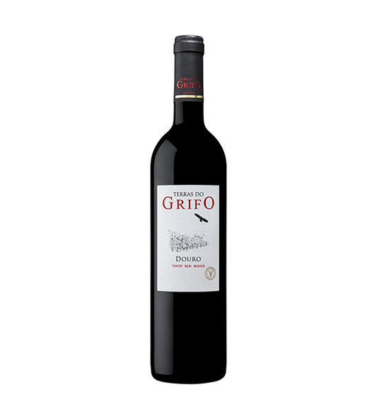 Vinho Tinto Terras do Grifo, garrafa de vidro com rótulo, em ambiente de mesa, destaque para a marca Rozès, SA.