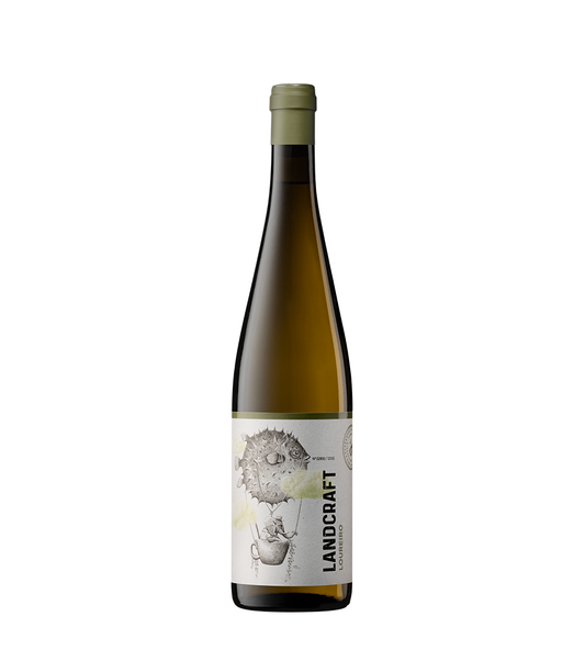 Vinho Verde Landcraft Loureiro da Geographic Wines, garrafa de vinho branco com rótulo detalhado em fundo branco.